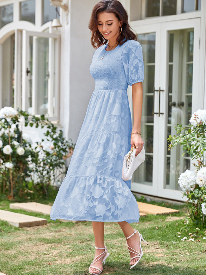 Women’s Linen-Blend Puff-Sleeve Tiered Midi Dress