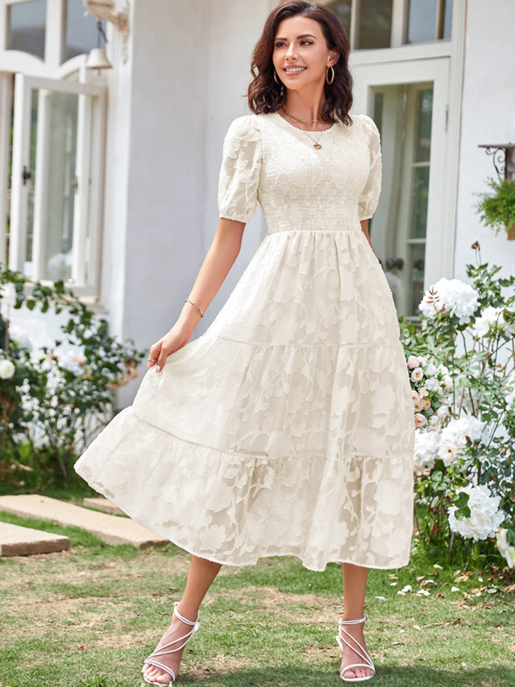 Women’s Linen-Blend Puff-Sleeve Tiered Midi Dress