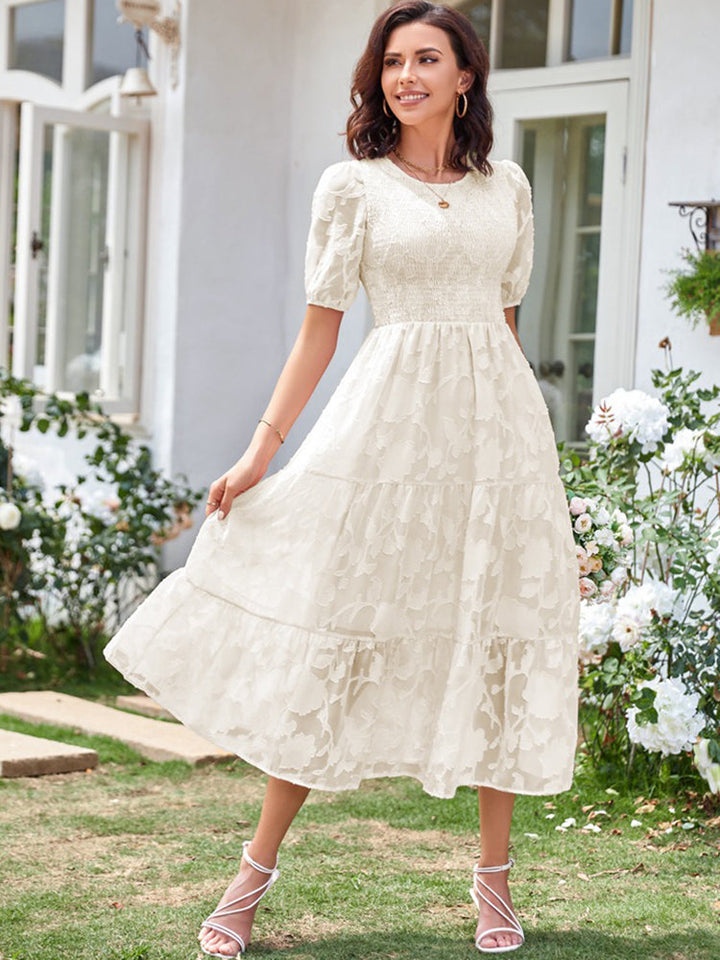 Women’s Linen-Blend Puff-Sleeve Tiered Midi Dress