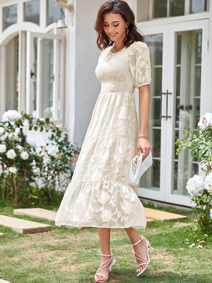 Women’s Linen-Blend Puff-Sleeve Tiered Midi Dress