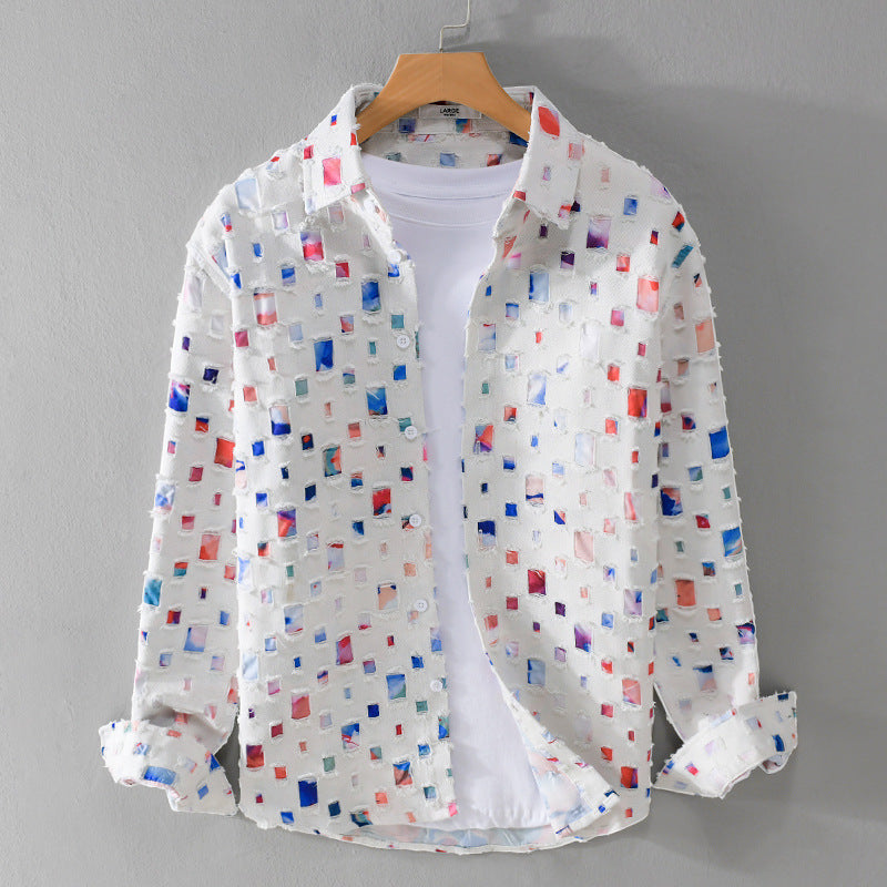 Men's Linen Abstract Print Long Sleeve Button Down Casual Shirt