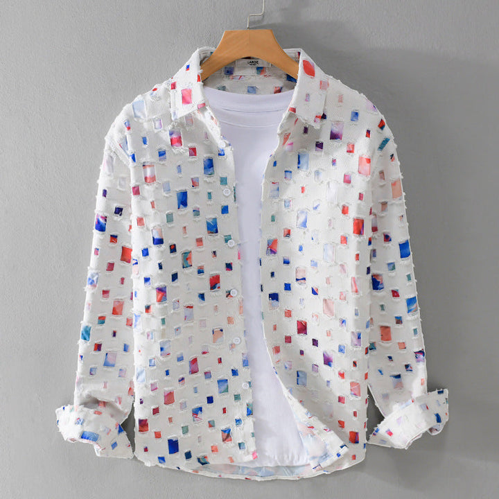 Men's Linen Abstract Print Long Sleeve Button Down Casual Shirt