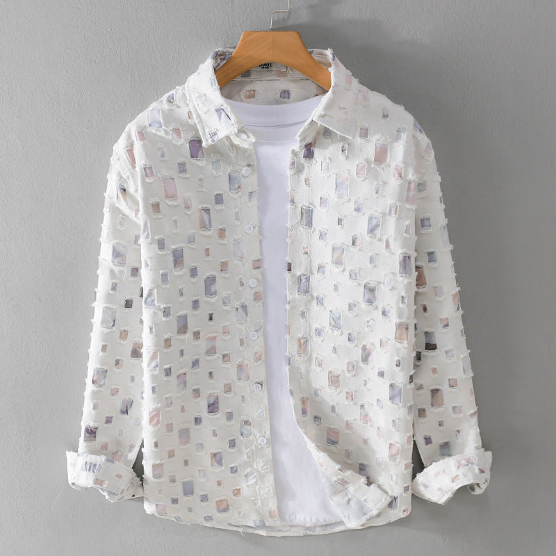 Men's Linen Abstract Print Long Sleeve Button Down Casual Shirt
