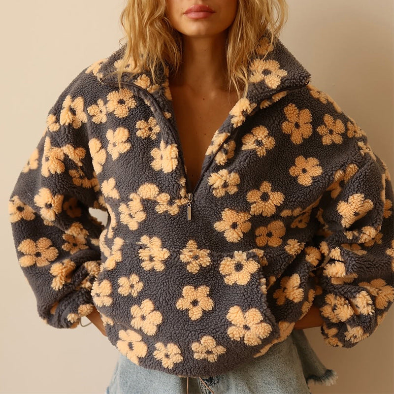 Women Fleece Floral Quarter Zip Pullover Hoodie