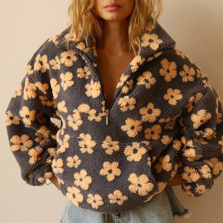 Women Fleece Floral Quarter Zip Pullover Hoodie