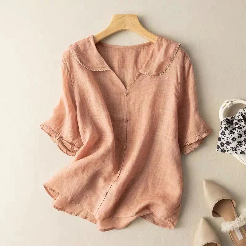 Blouse décontractée pour femme en lin, col en V, manches courtes