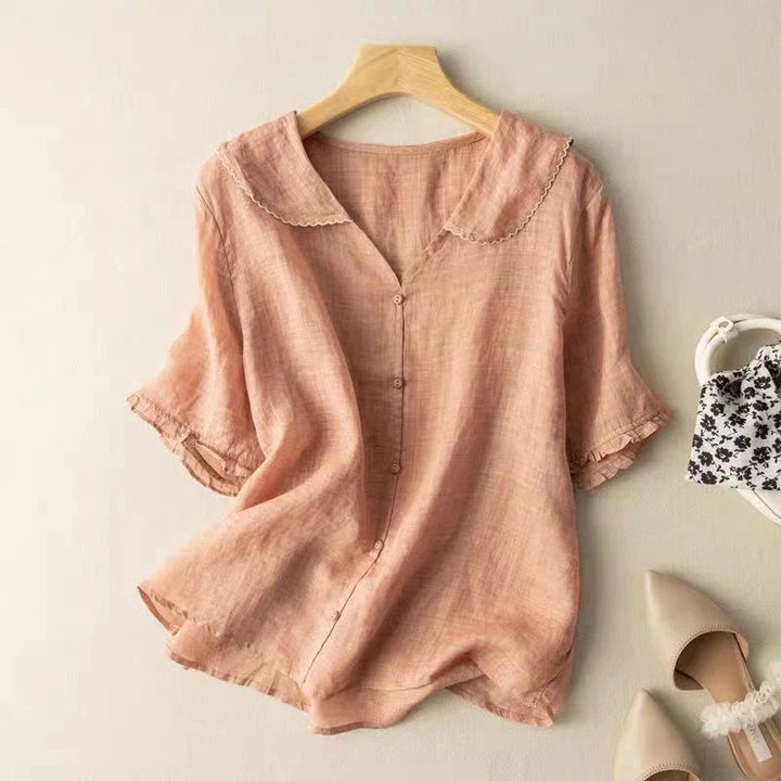 Blouse décontractée pour femme en lin, col en V, manches courtes