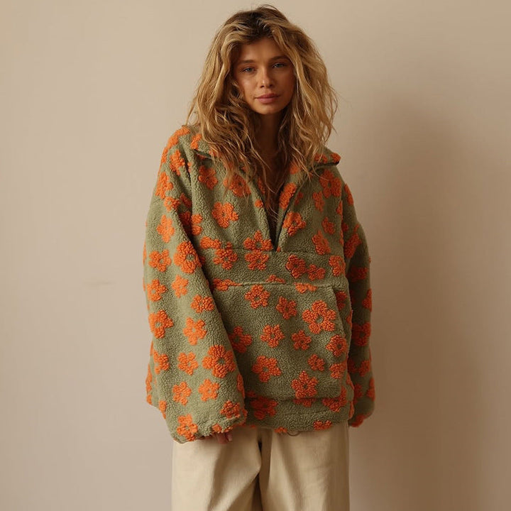 Women Fleece Floral Quarter Zip Pullover Hoodie