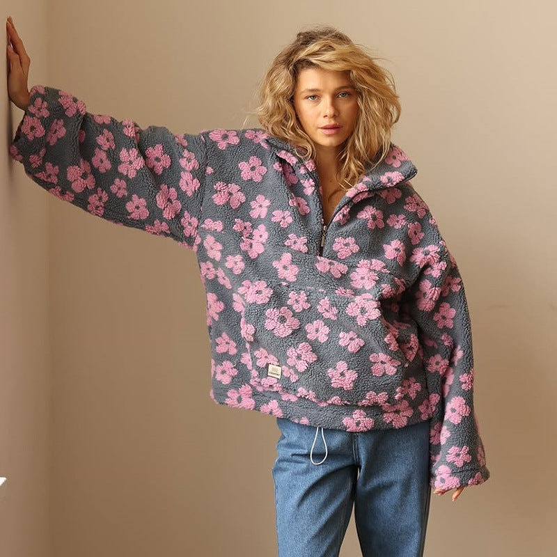 Women Fleece Floral Quarter Zip Pullover Hoodie