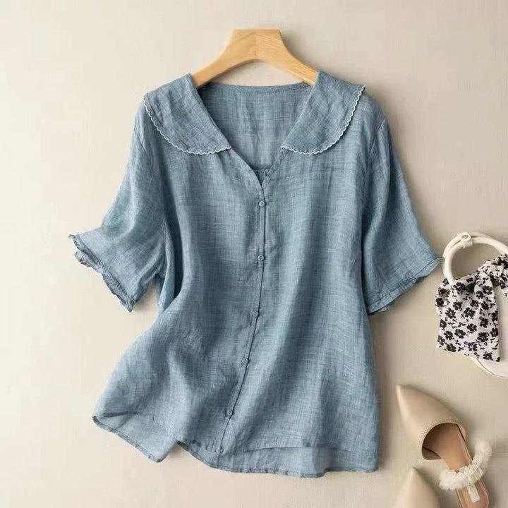 Blouse décontractée pour femme en lin, col en V, manches courtes