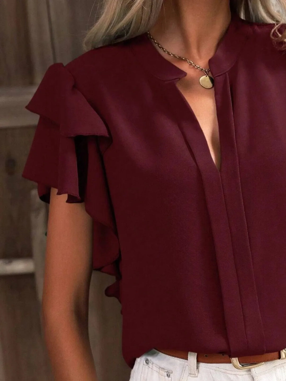 Women's Chiffon Ruffle Sleeve Blouse V Neck Tops
