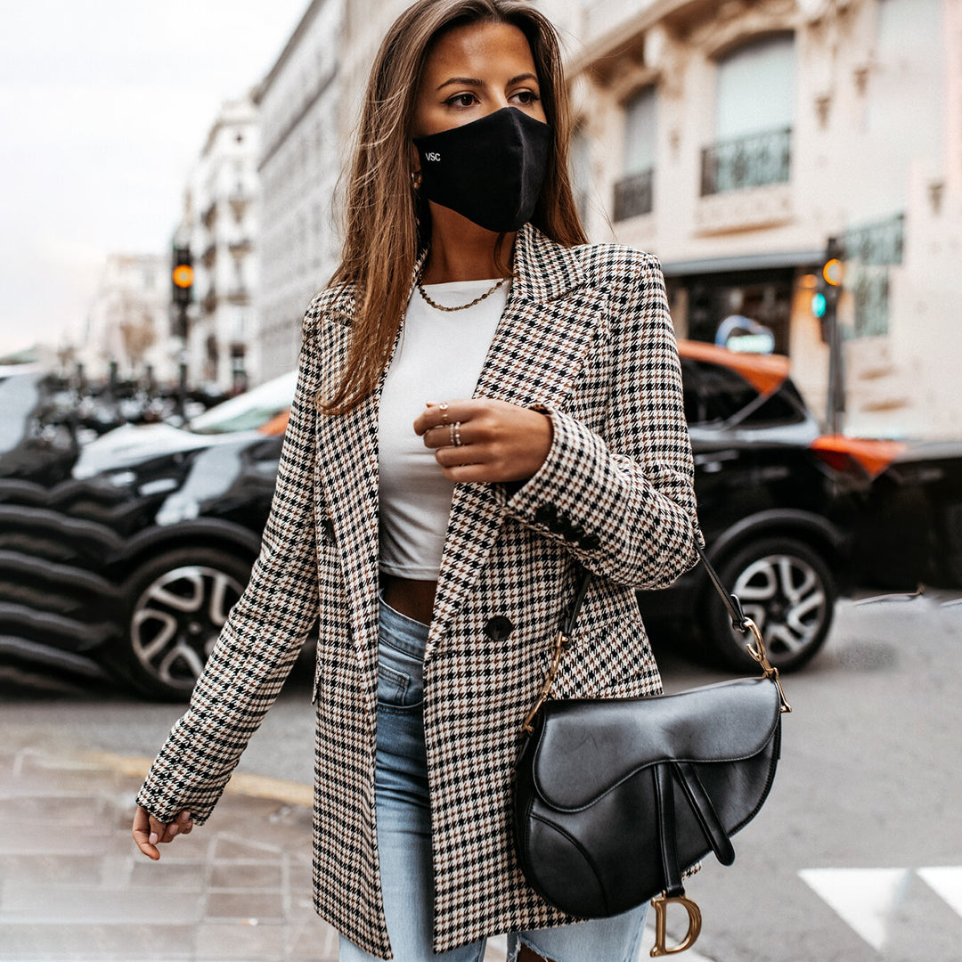 Women's Plaid Wool Double Breasted Tailored Fit Blazer Jacket 