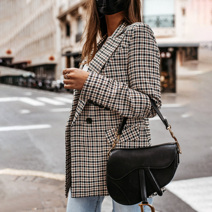 Women's Plaid Wool Double Breasted Tailored Fit Blazer Jacket 