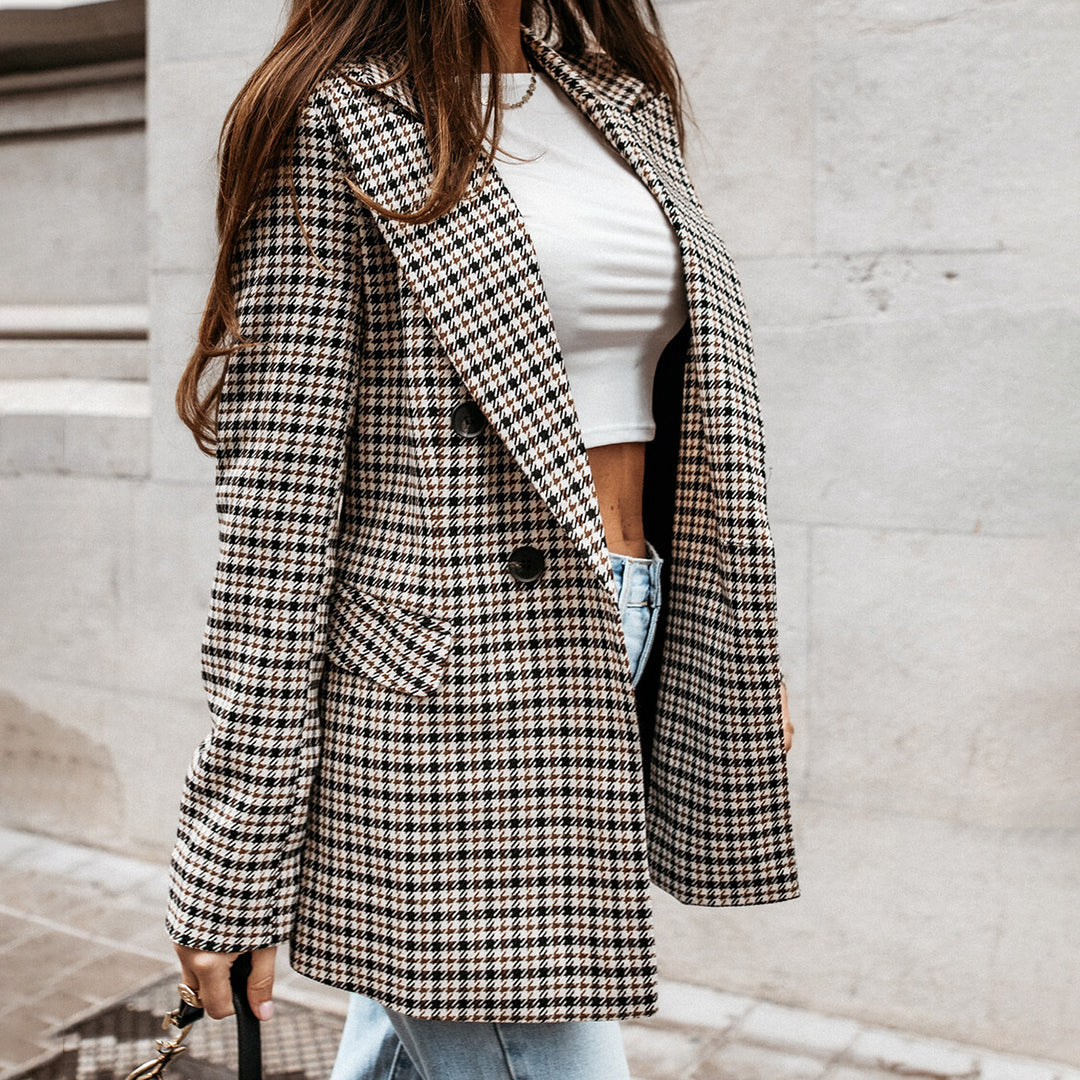 Women's Plaid Wool Double Breasted Tailored Fit Blazer Jacket 