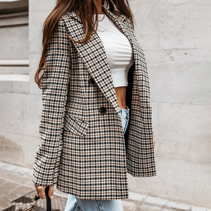 Women's Plaid Wool Double Breasted Tailored Fit Blazer Jacket 