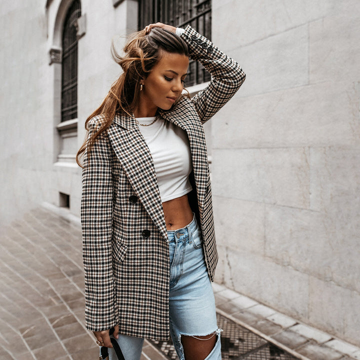 Women's Plaid Wool Double Breasted Tailored Fit Blazer Jacket 