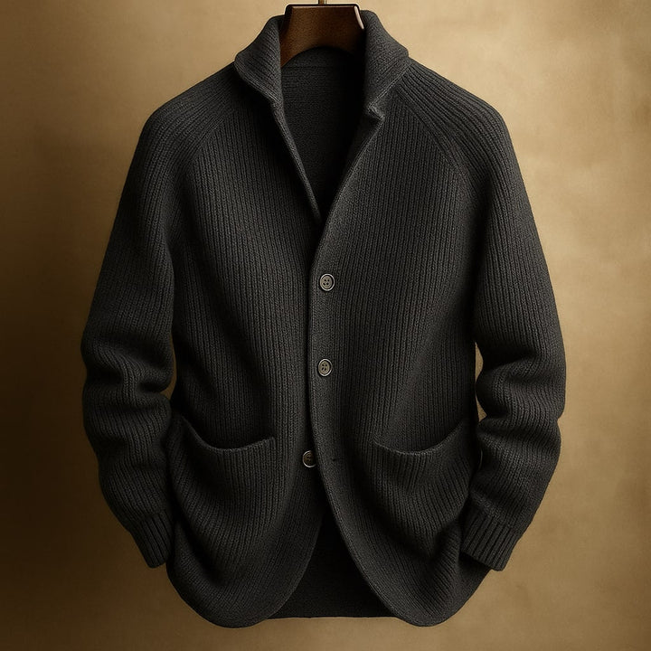 Men's Wool Ribbed Shawl Collar Long-Sleeve Cardigan