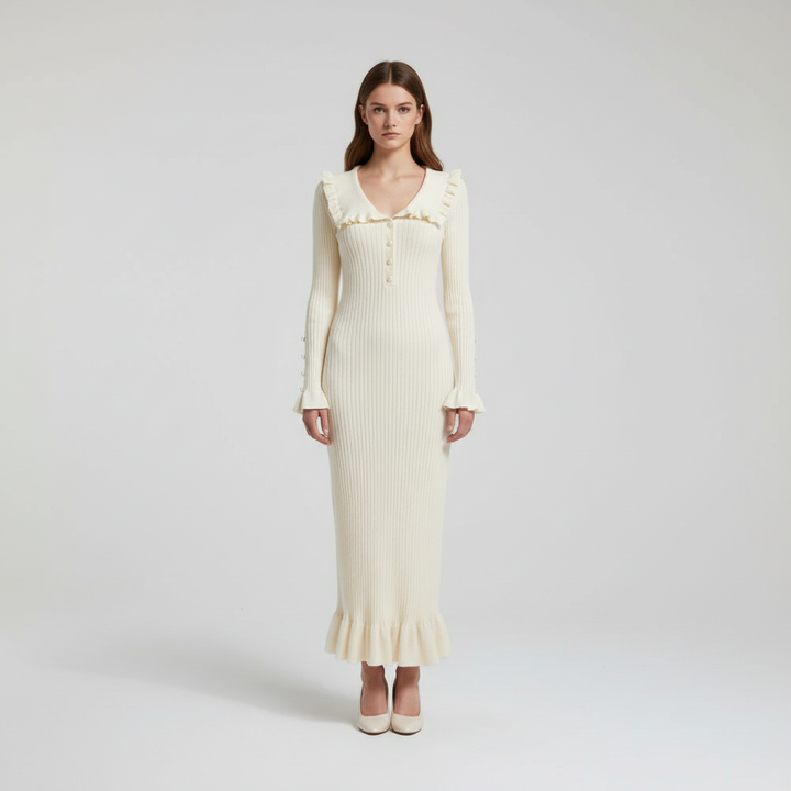 Women’s Wool Ribbed Ruffle Maxi Dress