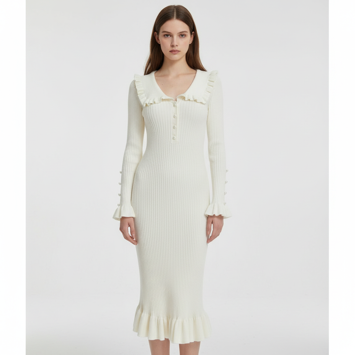 Women’s Wool Ribbed Ruffle Maxi Dress