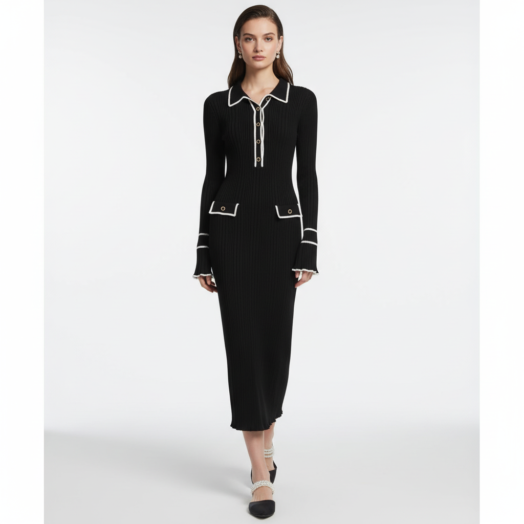 Women’s Wool Ribbed Ruffle Maxi Dress