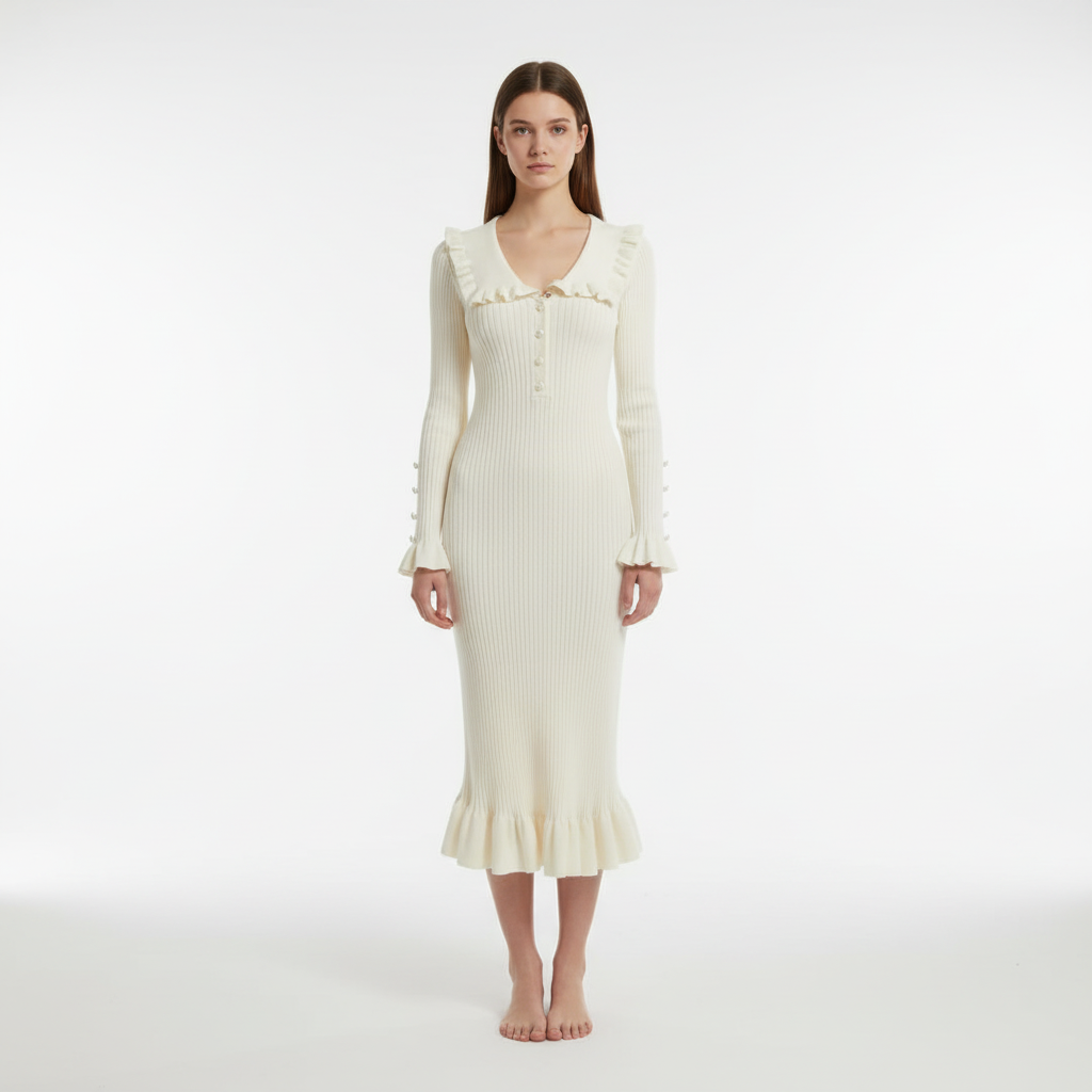 Women’s Wool Ribbed Ruffle Maxi Dress
