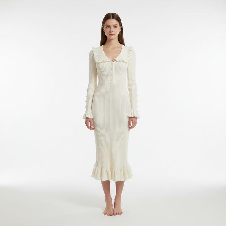 Women’s Wool Ribbed Ruffle Maxi Dress