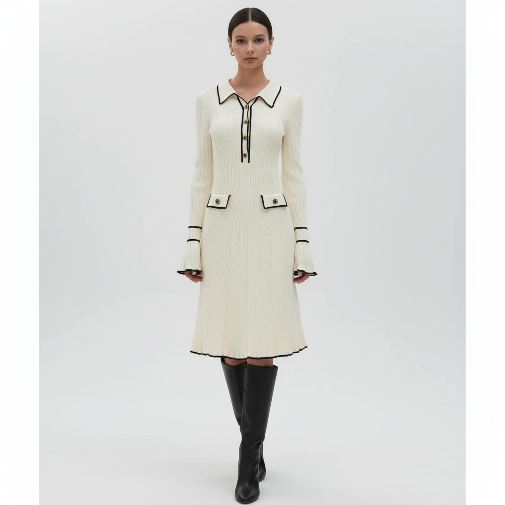 Women’s Wool Ribbed Ruffle Maxi Dress
