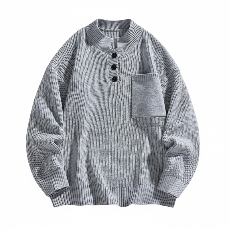 Męski sweter dzianinowy Henley z długim rękawem, pulower
