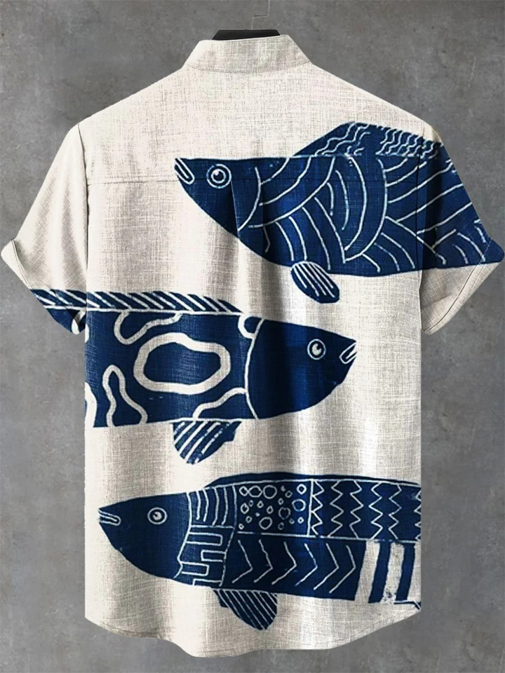 Men's Linen Short Sleeve Fish Print Button Up Shirt