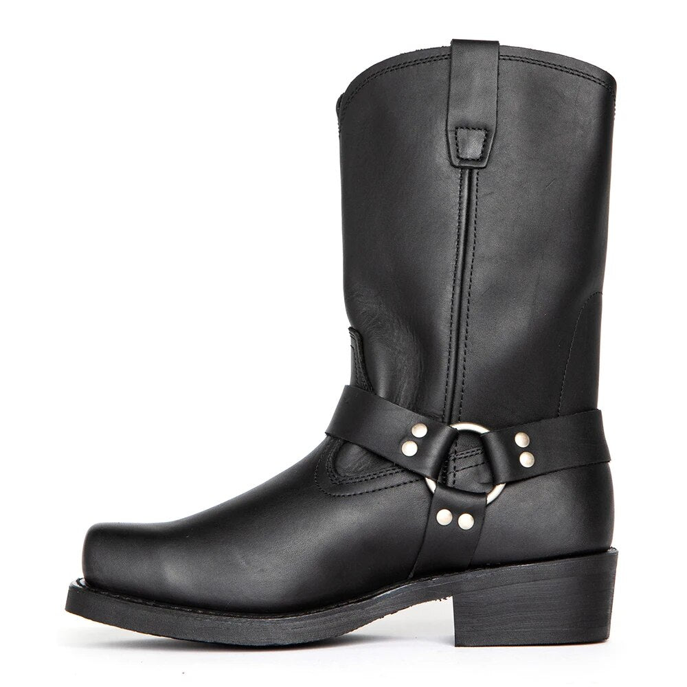 Harness Boots Men Leather Square Toe Buckle Mid-Calf Pull On Biker Footwear