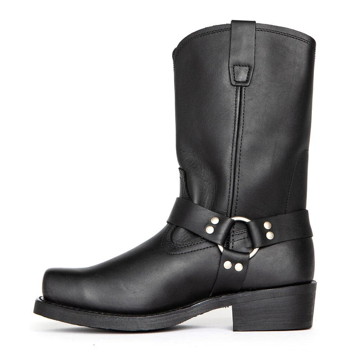Harness Boots Men Leather Square Toe Buckle Mid-Calf Pull On Biker Footwear