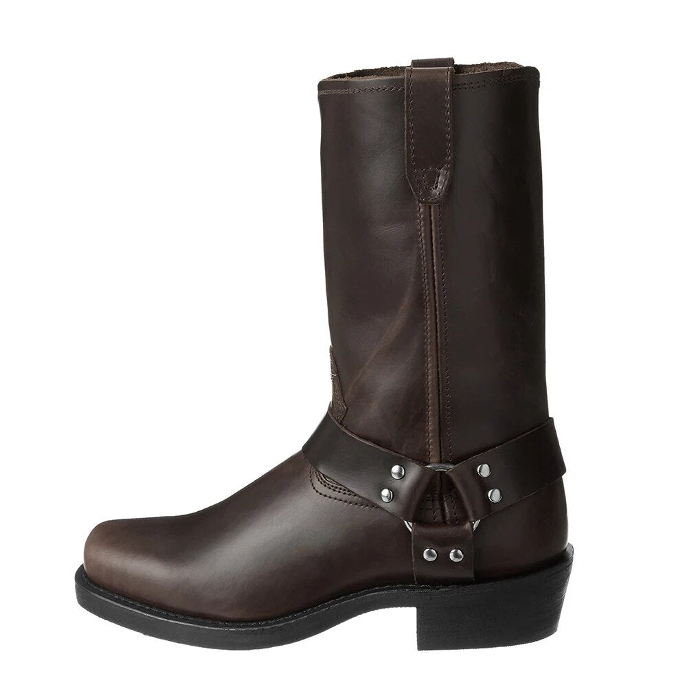 Harness Boots Men Leather Square Toe Buckle Mid-Calf Pull On Biker Footwear