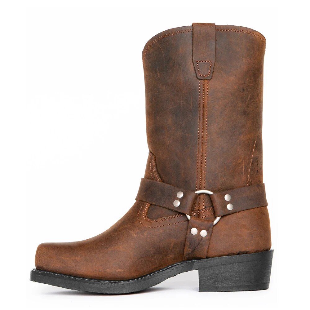 Harness Boots Men Leather Square Toe Buckle Mid-Calf Pull On Biker Footwear