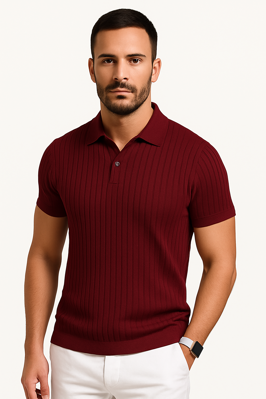 Men's Knit Polo Shirt Short Sleeve Casual Ribbed Top