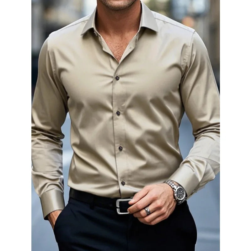 Men's Slim Fit Performance Elastane Dress Shirt Long Sleeve Business Formal Top