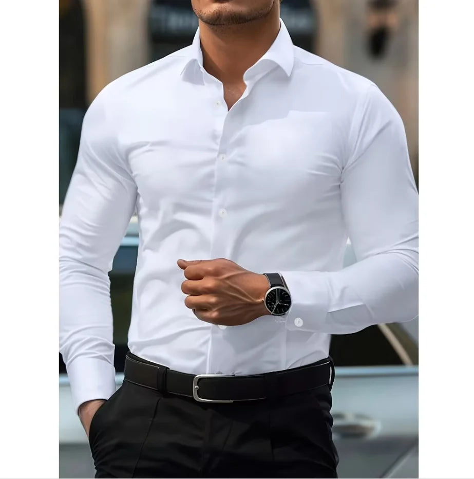 Men's Slim Fit Performance Elastane Dress Shirt Long Sleeve Business Formal Top