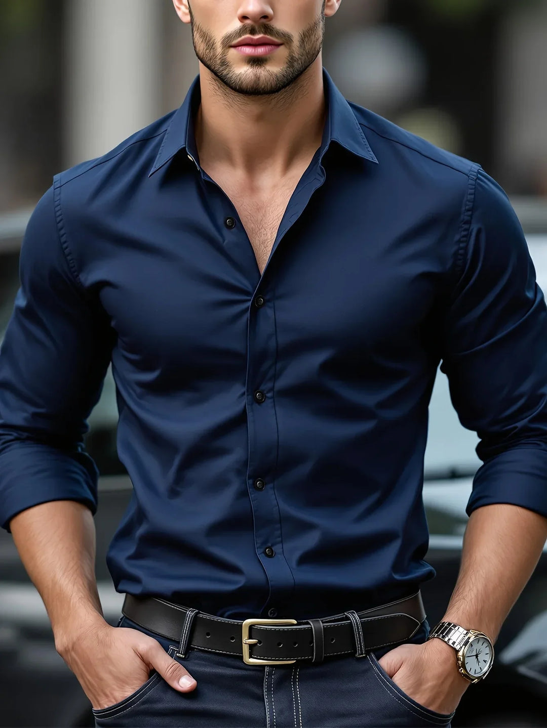 Men's Slim Fit Performance Elastane Dress Shirt Long Sleeve Business Formal Top