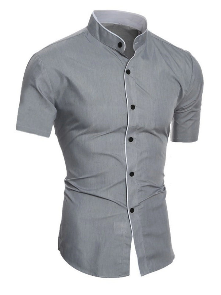 Men's Slim Fit Linen Short Sleeve Mandarin Collar Dress Shirt