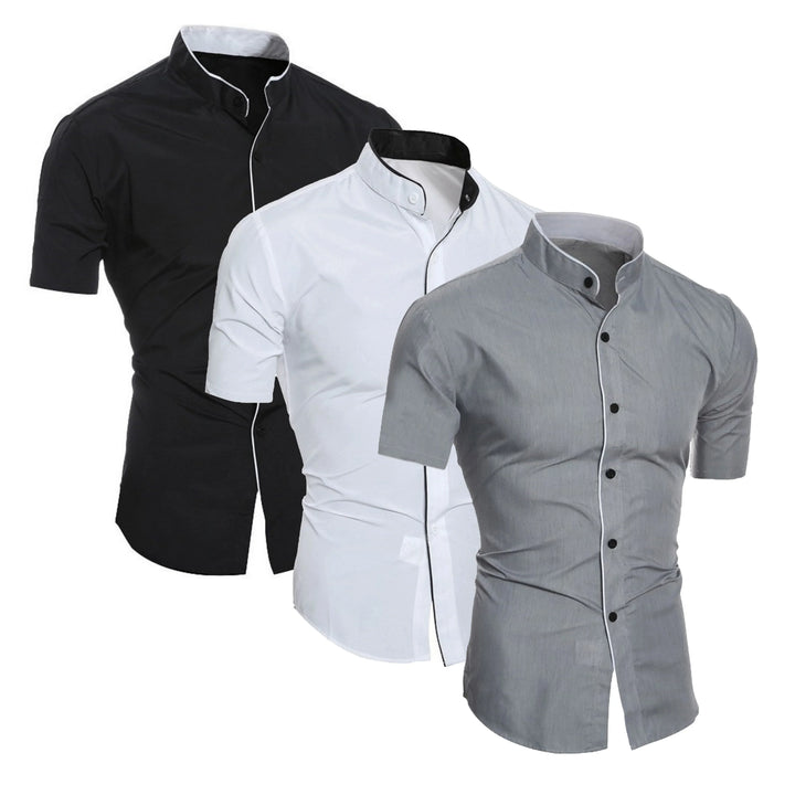 Men's Slim Fit Linen Short Sleeve Mandarin Collar Dress Shirt