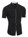 Men's Slim Fit Linen Short Sleeve Mandarin Collar Dress Shirt