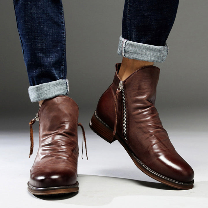 Men's Leather Ankle Zip Work Boots Casual Dress Shoes