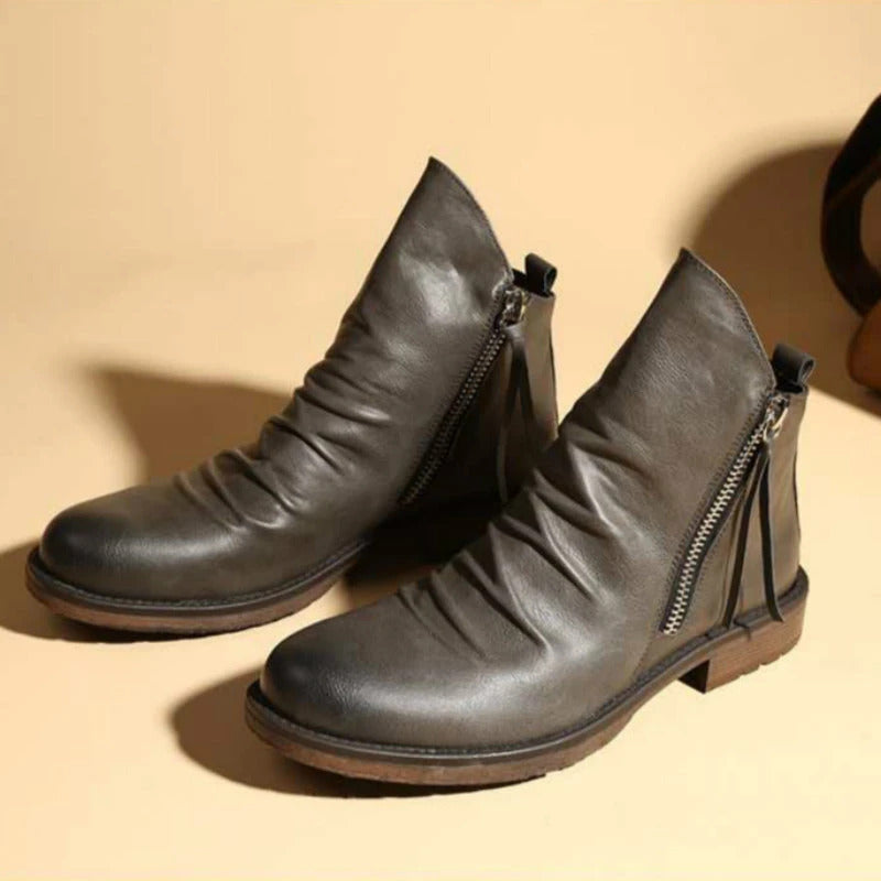 Men's Leather Ankle Zip Work Boots Casual Dress Shoes