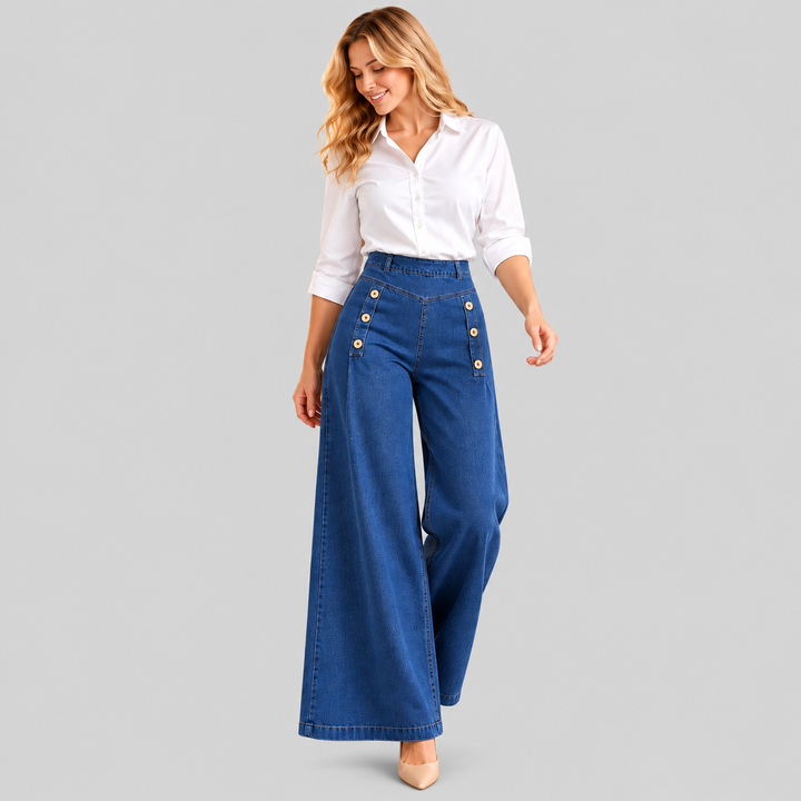 Jean large pour femme, taille haute, style marin avec boutons, pantalon palazzo