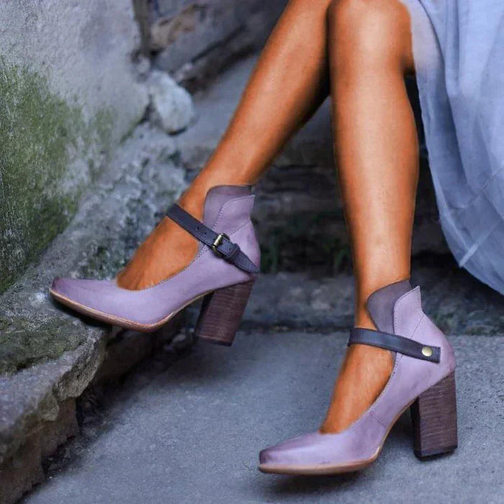 Women’s Leather Block Heel Ankle Strap Pumps