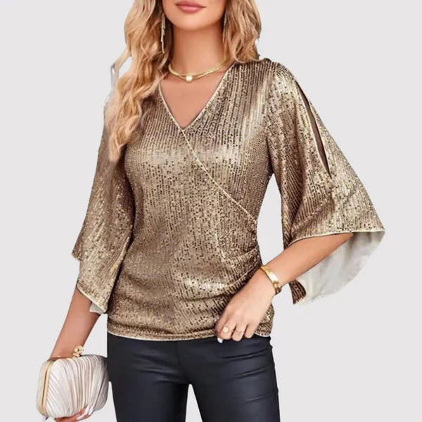 Women Sequin V Neck Slit Flare Sleeve Blouse