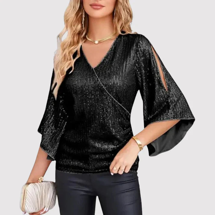 Women Sequin V Neck Slit Flare Sleeve Blouse