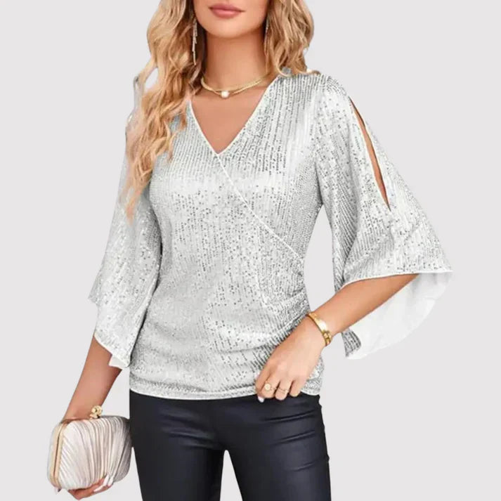 Women Sequin V Neck Slit Flare Sleeve Blouse