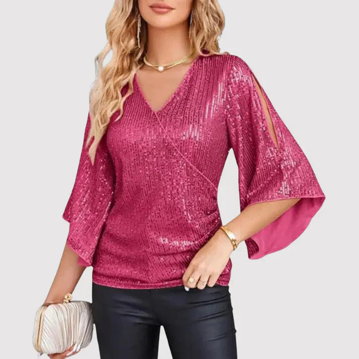 Women Sequin V Neck Slit Flare Sleeve Blouse