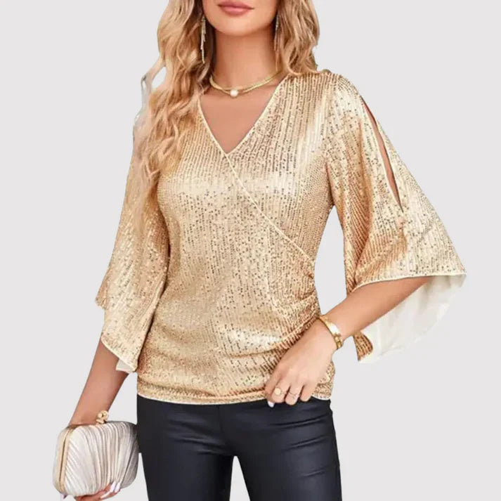 Women Sequin V Neck Slit Flare Sleeve Blouse