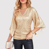 Women Sequin V Neck Slit Flare Sleeve Blouse